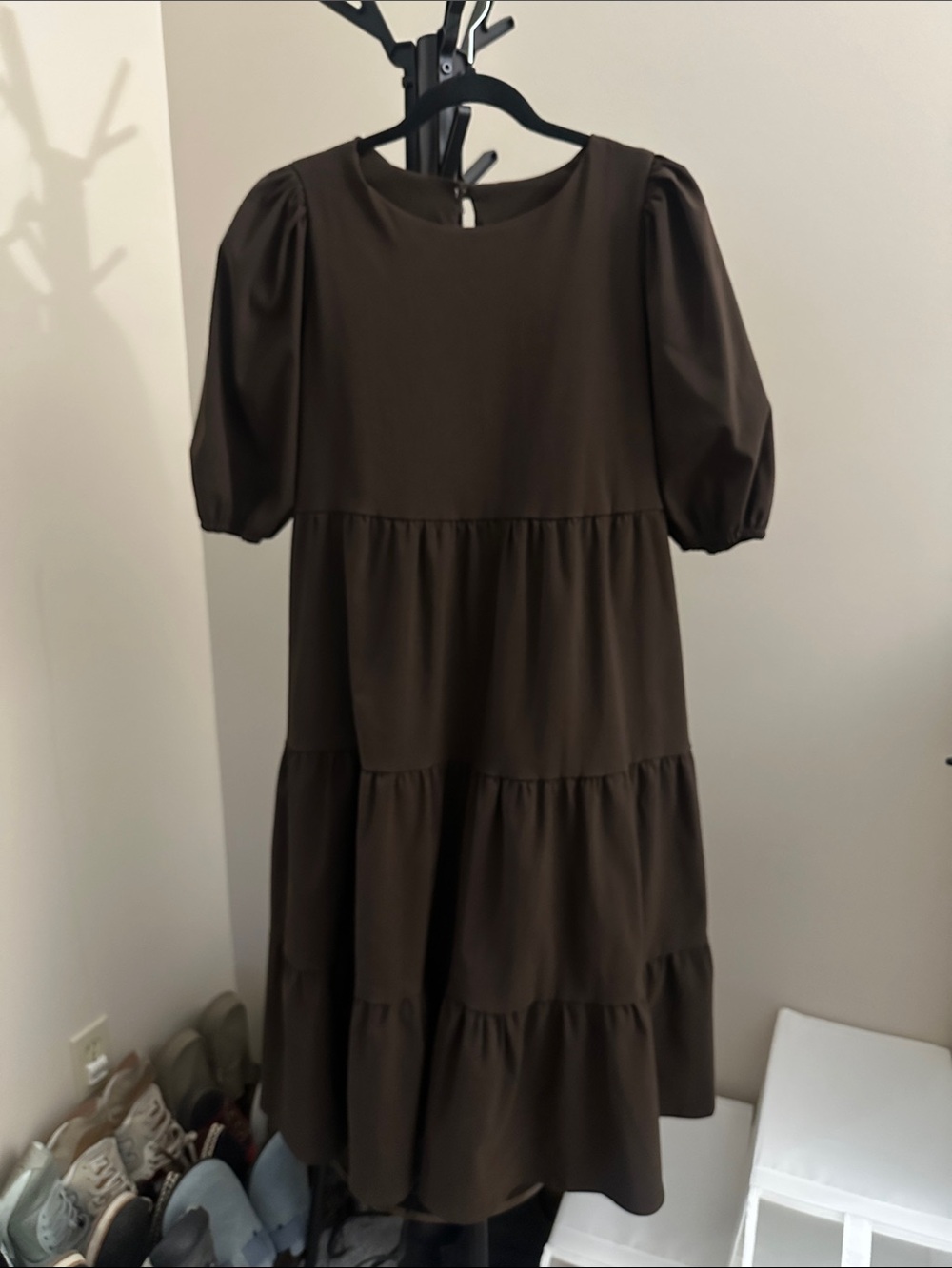Tiered Puff Sleeve Dress - Brown